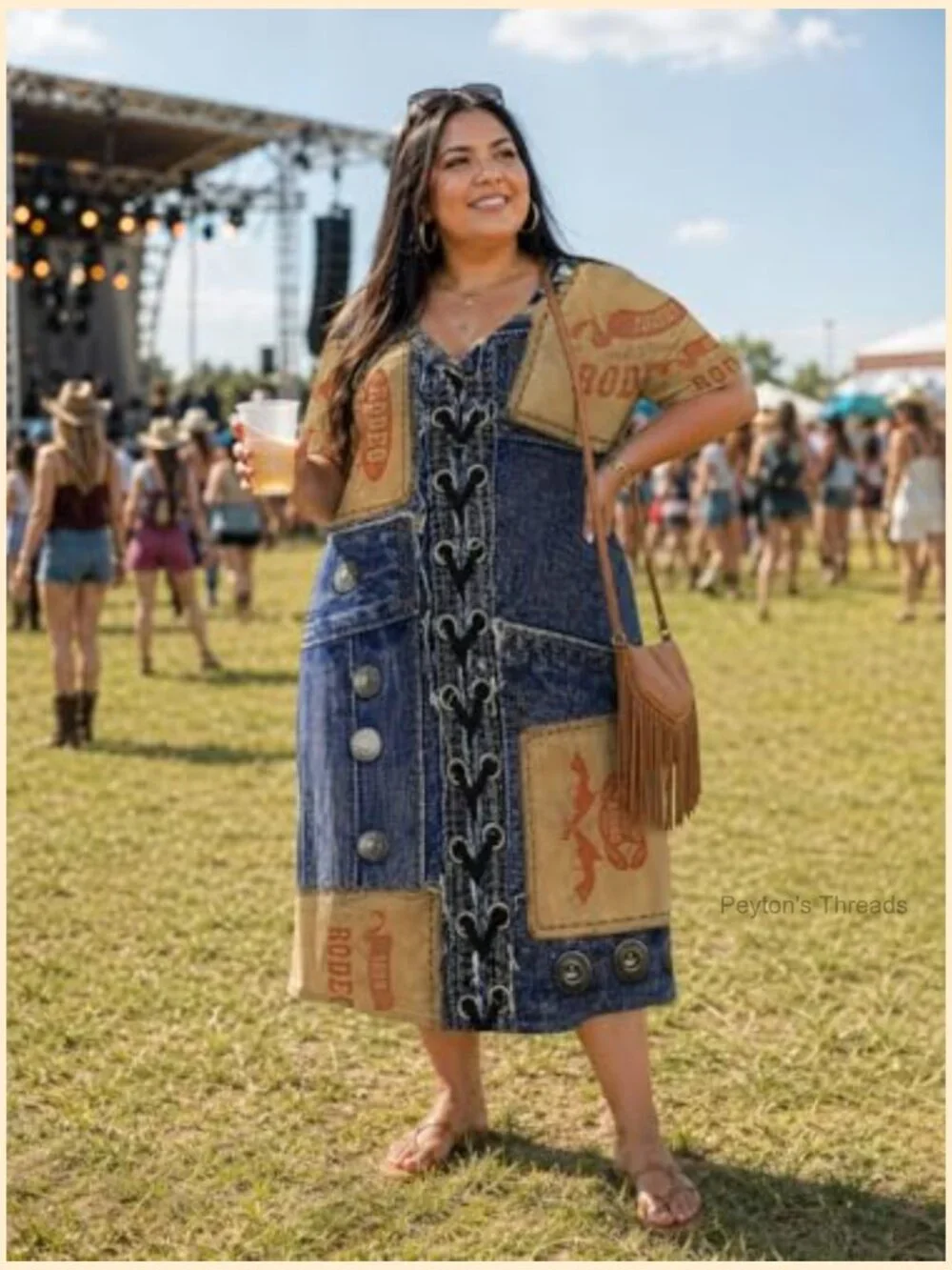 Plus Size Denim Print Maxi Dress V Neck Short Sleeve with Pockets - Picture 6 of 7